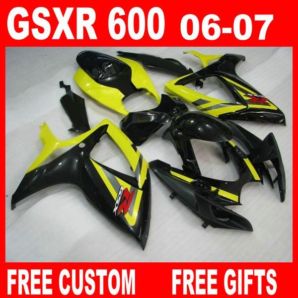 Carrozzeria personalizzata per Suzuki GSXR 600 750 06 07 Kit carenatura GSX-R600 R750 2006 2007 Nero giallo Motocycle274c