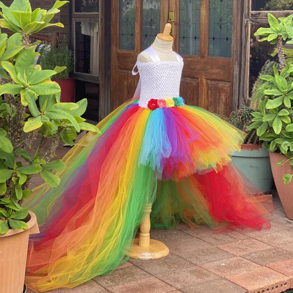 Vestito da tutu da trascinamento color arcobaleno per neonate Abito da ballo in tulle con fiore all'uncinetto per bambini Abito da ballo per bambini Abiti da sera per feste