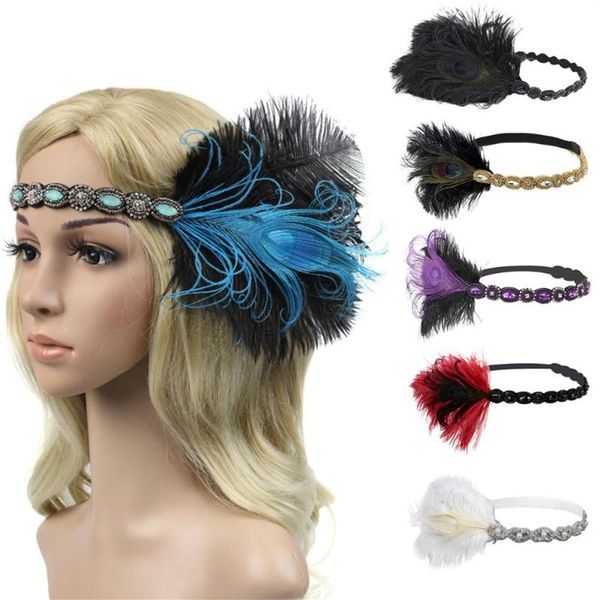 Acessórios para o cabelo Faixa de lantejoulas com strass preta anos 1920 Vintage Gatsby Party Headpiece Feminino Flapper Feather Headband217R