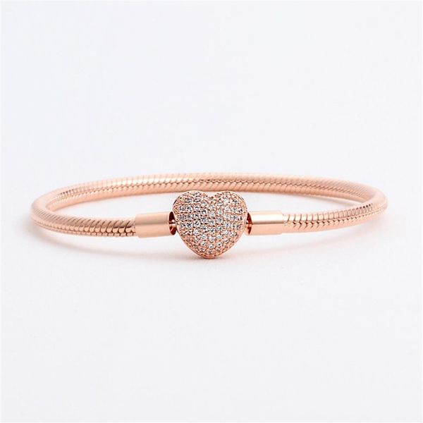 Bracciale classico in oro per catena base Pandora fibbia cuore placcato oro Nuova catena serpente a forma di cuore con diamanti moda donna singola pr304C