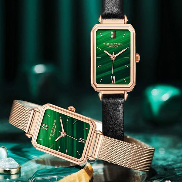 Mostrador verde retrô lindo relógio feminino de quartzo para estudantes, cinto de aço líquido e pulseira de couro genuíno design especial delicado274Z
