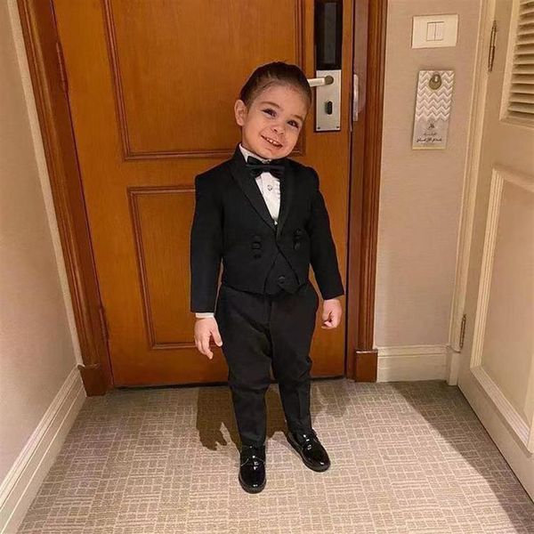 Черные три штуки Boy's Tuxedos 2021 Шаул отворотный отворотный отворот Дети Формальная одежда для свадебной вечеринки Детский костюм настройка jak312s