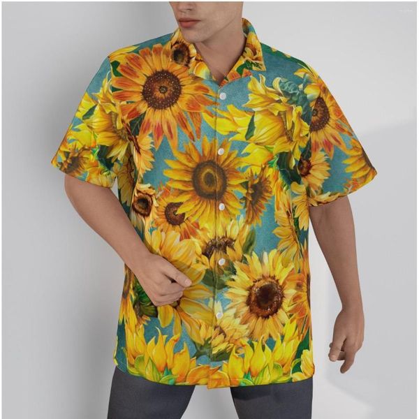 Camicie casual da uomo Camicia hawaiana Bellissimi girasoli che dipingono Beach Manica corta Summer Button Up Patchwork Top 3D