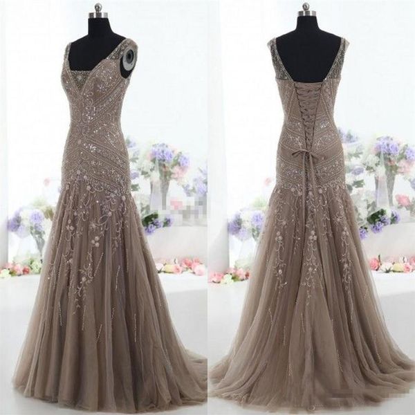 Imagens Reais Vestidos Vintage Mãe da Noiva Sereia Decote em V Apliques Miçangas Tule Espartilho Vestido Mãe Personalizado Noite Formal Go321s