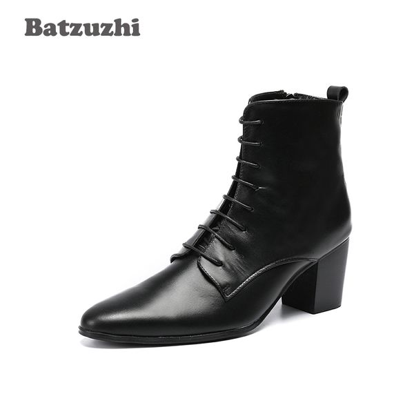 Sapatos de Segurança Batzuzhi Cowboy Boots Homens Salto Alto 6,8cm Botins Couro Macio Preto Salto Grosso Sapatos Masculinos Zapatos Hombre Botas Homem Lace Up 230720