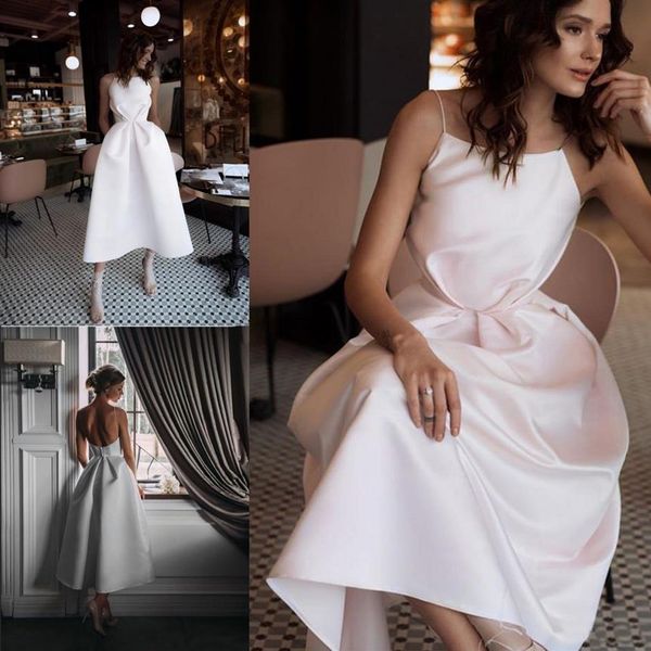 Lunghezza tè Satin A Line Boho Abiti da sposa 2019 Eleganti senza spalline Abiti da sposa da spiaggia Vestidos De Novia Abito da sposa Zipp256I