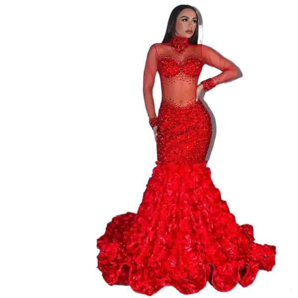 Abiti da ballo a sirena con diamanti africani Collo alto in cristallo Manica lunga Plus Size 3D Rose Even Dress Elegante abito formale con paillettes da festa Black Girls Night Prom Wear