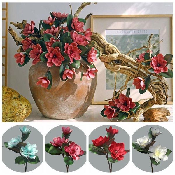 Buquê de 3 cabeças de magnólia artificial de flores decorativas