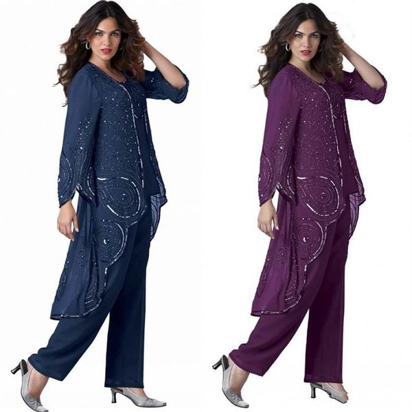 Chiffon Lady Mothers Hosenanzüge Mutter der Braut Bräutigam Mutter Braut Hosenanzüge mit Jacke Frauen Partykleider283x