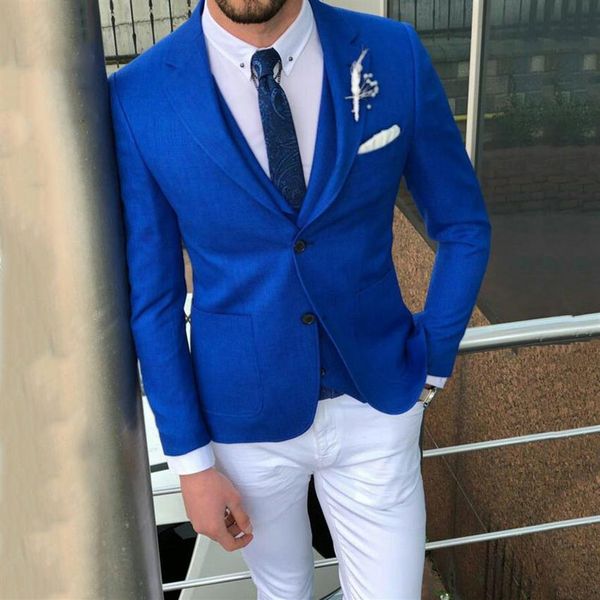 Ternos masculinos finos azuis reais para ternos de casamento, blazers masculinos, traje branco, homme, noivo, smoking, 3 peças, mais recentes casacos, calças, designs Terno M311r