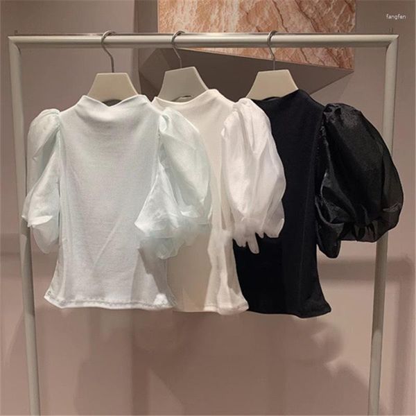 Kadınlar bluzlar dutrieux bahar 2023 zarif kabarcık kılıf örgü gömlekleri Japonya yarı yüksek boynu düz renk ince blusas ek all-maç