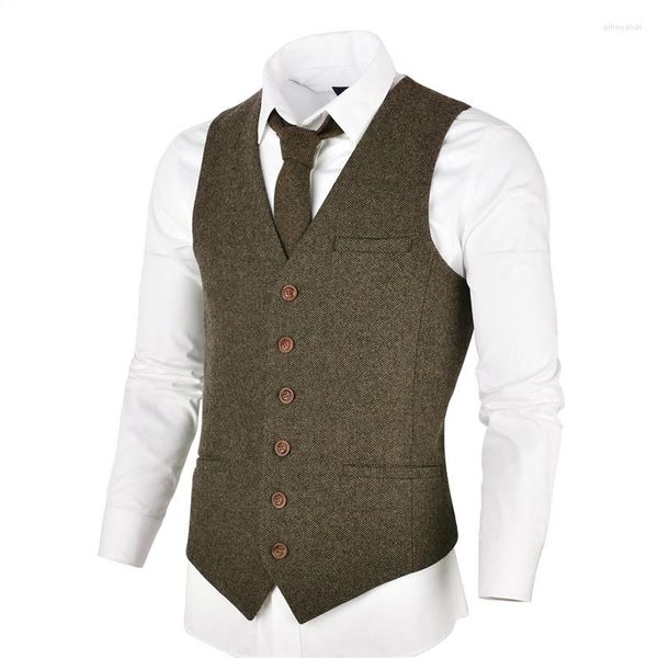 Coletes masculinos de lã tweed colete masculino espinha de peixe terno justo ajustado