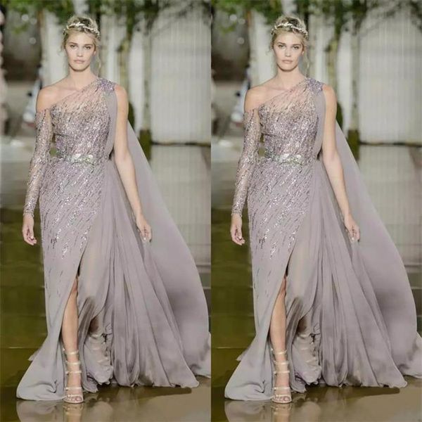 2018 Modest Zuhair Murad Vestidos De Baile Com Cinto De Metal Tule Lantejoulas Linha A Dividida Um Ombro Tamanho Grande Vestidos De Noite205A