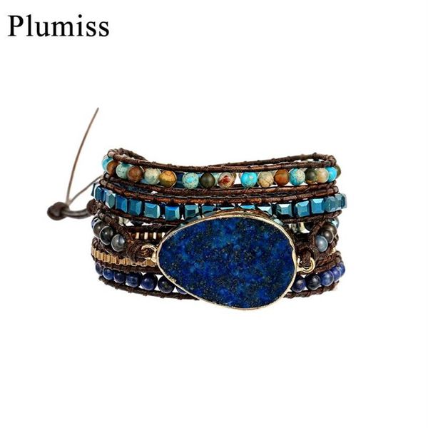 Pulseiras femininas de couro Lápis-lazúli Lápis-lazúli para tênis Boho Cristal Pedra Natural com contas Pulseira com aço inoxidável Chai269l