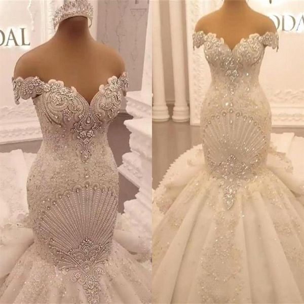 Apliques de luxo Renda Vestido de Noiva Sereia 2023 Elegante Ombro Fora Cristal Babados Sem Costas Árabe Dubai Vestidos de Noiva Vestidos 298a