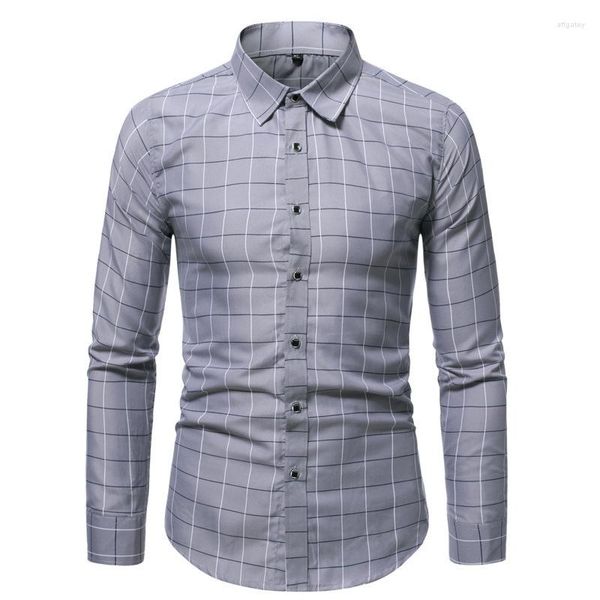 Camisas sociais masculinas primavera e outono xadrez empresarial manga longa camisa polo casual de ajuste fino