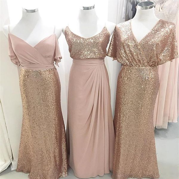 Vestidos de dama de honra rosa empoeirado com lantejoulas decote em V chiffon alças longas plissado costas abertas vestido de festa de casamento vestidos de noite Plus262d