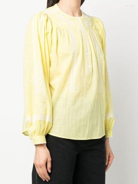 Женские блузки 2023 Spring Women Рубашка вышивая вышивка верхняя крышка круглая шея желтая