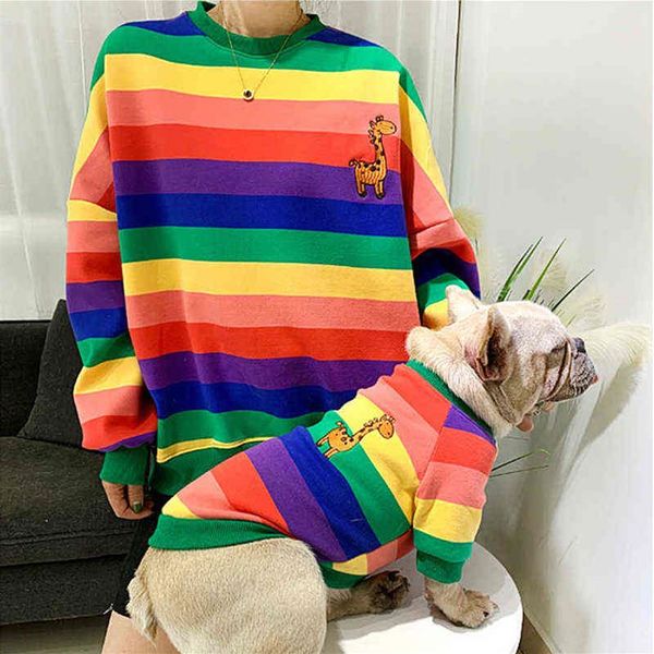 Köpek Kıyafet Kış Sahibi Giysileri Capuchon Rainbow Pet Eşleştirme Pug Fransız Bulldog S Kostüm Ropa Perro 0713280Z