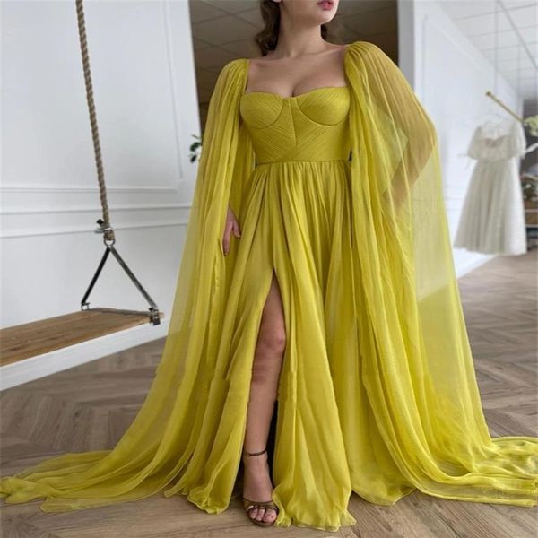 2021 eleganti abiti da ballo in chiffon di seta giallo citrino con mantella lunga una linea abiti da sera con spacco laterale pieghe a cuore279I