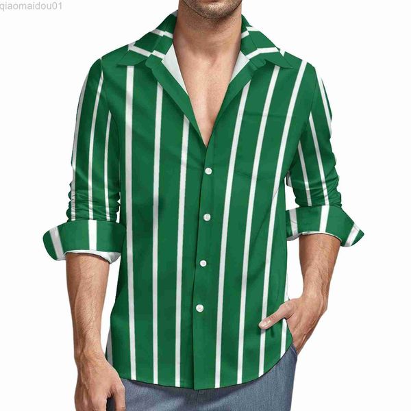 Herren-Freizeithemden, grün-weiß gestreiftes Hemd, Männer, vertikale Linien, Druck, Freizeithemden, Frühling, stilvolle Blusen, Langarm, Vintage-Oversize-Kleidung, L230721