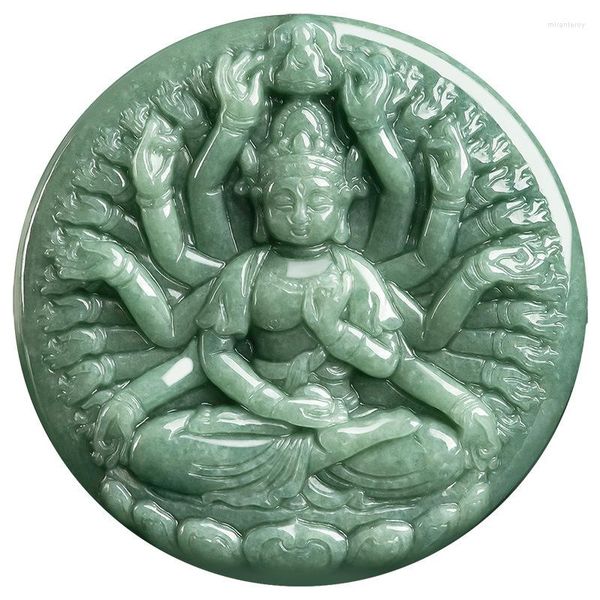 Colares pendentes Real Birmânia Jadeita Mil Mão colar de Guanyin Homens Mulheres Fengshui Charm Myanmar Emerald Cardado à mão Lucky Amulet Gift