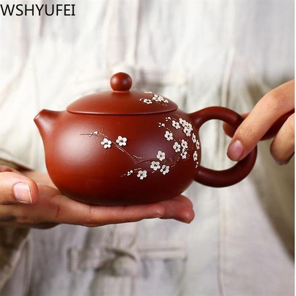 Novo bule de chá chinês puro feito à mão em flor de ameixa xi shi pote de argila roxa conjunto de chá chaleira 188 filtro de furo de bola 240ml221k