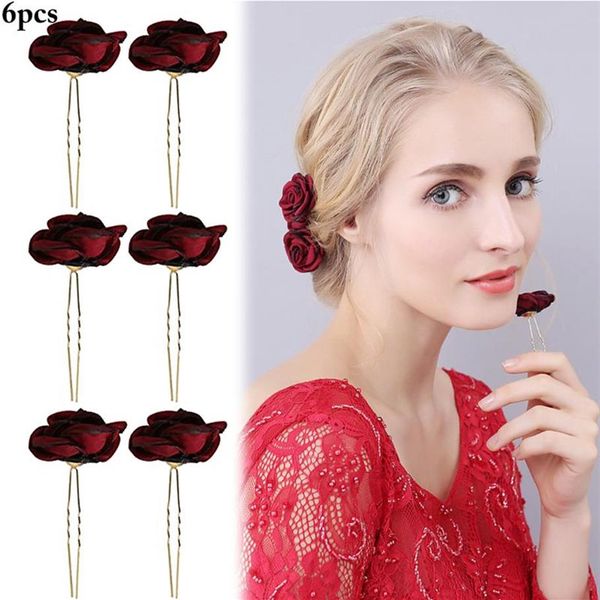 6pcs Fashion Wedding Hair Pin Fiore finto Rosa a forma di U Forcina da sposa Stick Hair Fork Stick Copricapo Clip per le donne Girls219t