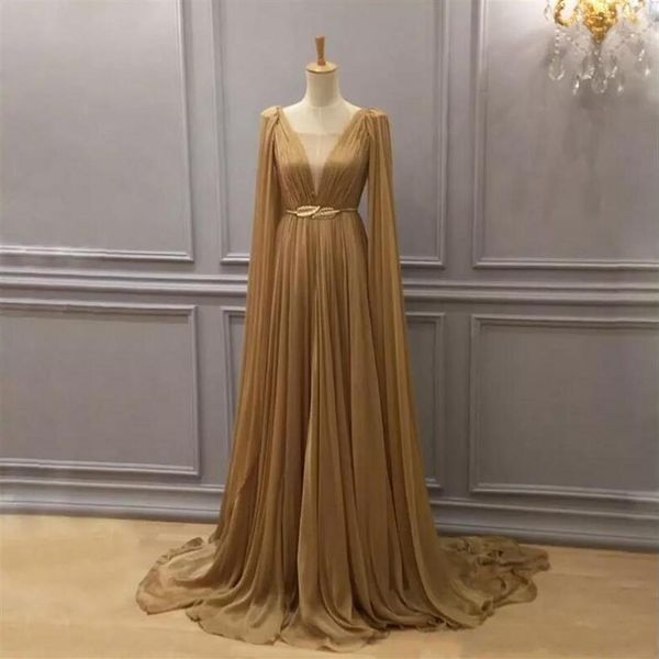 Altın Şifon Arapça Resmi Elbiseler Akşam Giyim Cape Daldırma Boyun Akşam Elbise Dubai Bir Çizgi Şifon Pileli Zemin Uzunluğu Pr276c