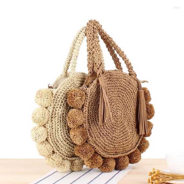 Bolsas de noite moda redonda de palha boêmia borla rattan bolsas femininas tecidas crossbody ombro bola estilista verão bolsa de praia