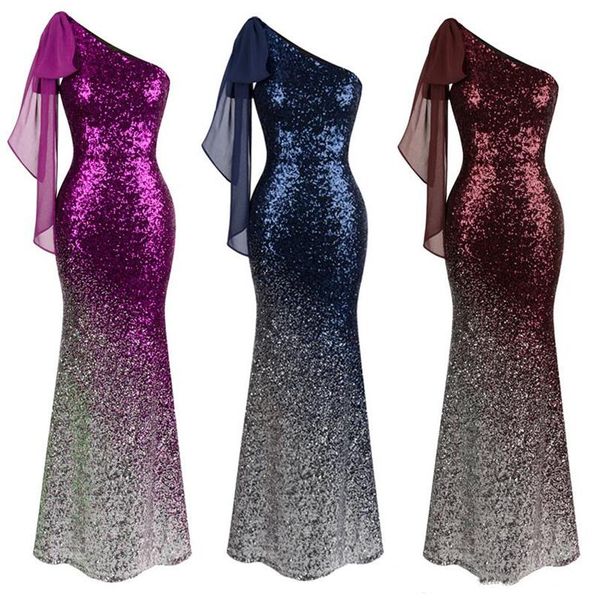 2019 Angel-Fashions Kadınlar Asimetrik Şerit Kademeli Sequin Deniz Kızı Balo Elbisesi Akşam Elbisesi Resmi Dress286D