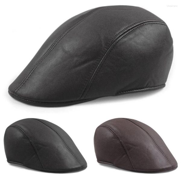 Berets Mid Age's Men's Leather Plat Cap Hat Hat Retro Outdoor 2023 PU Vintage Caps Высокое качество