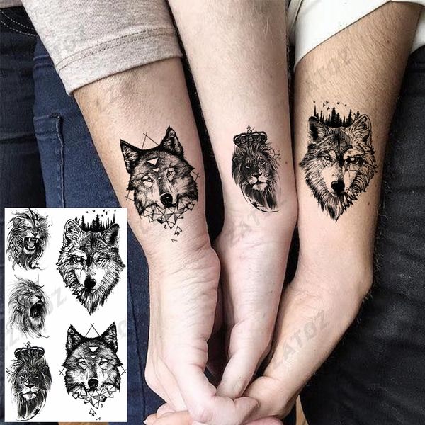 Tatuagens temporárias realistas de lobo e leão para homens, adultos, animais falsos, montanhas e rios, adesivos de tatuagem, tatuagens de transferência de água preta