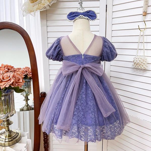 Девушка платья 2023 Лето прибытие девочек с коротким рукавом о шею сетка Pearl Purple Roupa infantil menina милое платье для вечеринки.