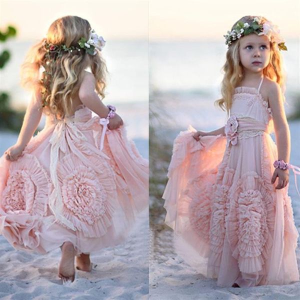 Розовые Halter Little Girls Party Plays 2016 Шифоновые оборки цветочниц платья для пляжного свадебного пола.