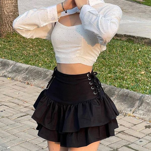 Rokken Goth Esthetische Zwarte Plooirok Vintage Sexy Ruffle Mini Streetwear Hoge Taille Oogje Bandage Zomer