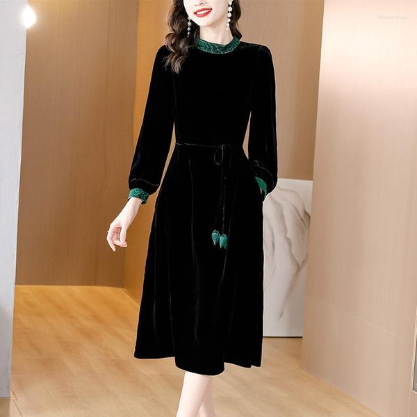 Casual Kleider Herbst Schwarz Mode Temperament Elegante Samt Lange Kleid Koreanische Vintage Hülse Frauen Party Rock