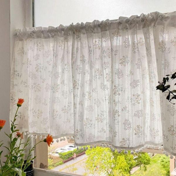 Cortina leve fresca 40 x 140 cm tecido floral divisório com pompom decoração de casa porta curta meia
