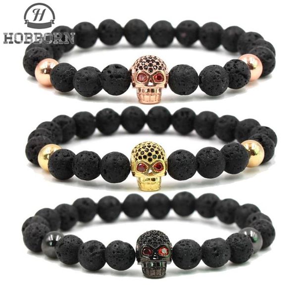 HOBBORN Trendy Bracciale in pietra lavica naturale Donna Uomo Hip Hop Oro rosa Argento Color Charm CZ Skull Bracciali Pulsera Hombre274U