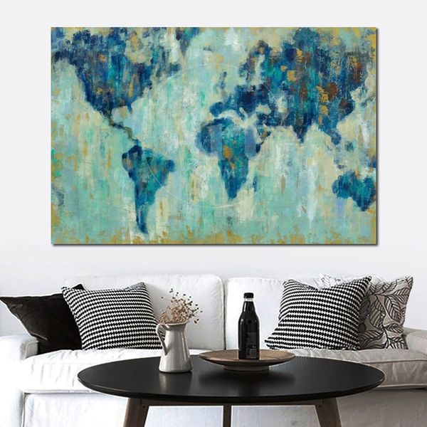 Mappa del mondo Dipinto ad olio astratto fatto a mano su tela con texture per soggiorno Wall Art