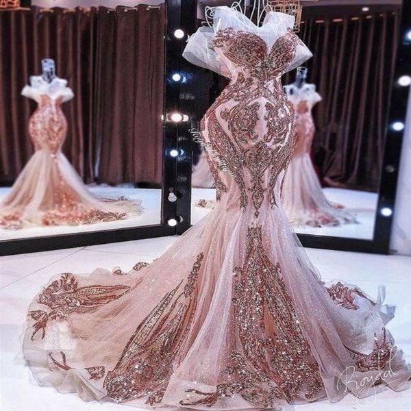 Nuovi abiti da sera a sirena in oro rosa lunghi abiti da ballo scintillanti con paillettes applique in rilievo a coda di pesce robe de soiree172K