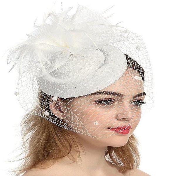 Elegante Damen Weiß Schwarz Fascinator Hüte 5 Farben Hochzeit Braut Kirche Blumen Feder Netz Spitze Eoupean Stil Sinamany Kentucky 252h