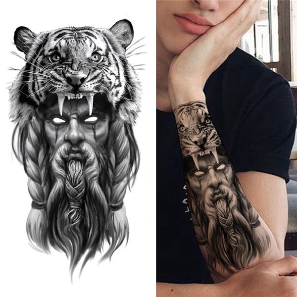 Grande manica del braccio leone corona re rosa impermeabile tatuaggio temporaneo adesivo moda lupo selvaggio tigre uomini totem teschio pieno donne