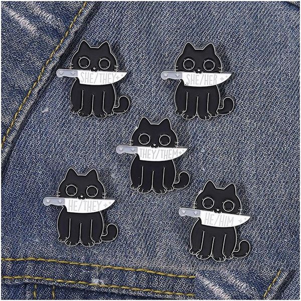 Alfinetes Broches Gato Preto Pronomes Alfinete Esmalte Broche Punk Ele Ela Eles Faca Animais Distintivo Bruxa Lapela Gatinho Gótico Jóias Presente Amigo Dhovj