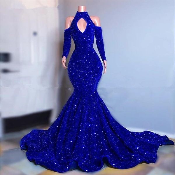 Vestidos de formatura plus size azul real com lantejoulas brilhantes mangas compridas vestidos de noite sereia 2021 elegante vestido formal feminino com ombro de fora 253Q