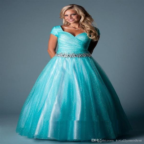 Teal Ball Gown Abiti da ballo modesti con maniche ad aletta Lunghi cristalli di lunghezza del pavimento Increspato Sparkly Teens Abiti da cerimonia formali modesti Sh217S