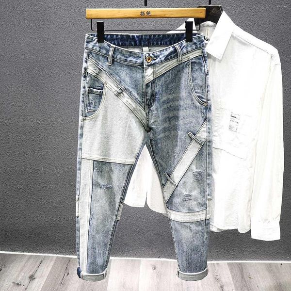 Jeans da uomo Streetwear Biker Uomo Pantaloni impiombati Personalità Moda Retro Patchwork Sfilacciati Piedini Pantaloni in denim Uomo