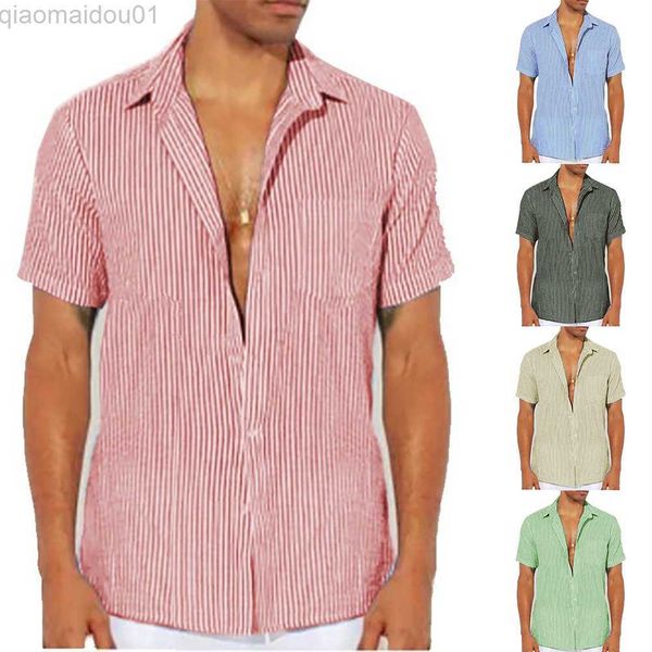 Camicie casual da uomo Camicia casual da uomo in cotone a righe a maniche corte in lino Camicia abbottonata con collo a fascia 2023 T-shirt da fitness slim slim estiva L230721