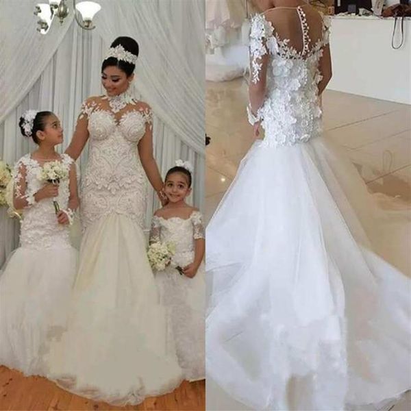Vestidos formais adoráveis branco sereia florista para casamento gola alta manga longa 3D flor crianças desfile vestido swep train245v