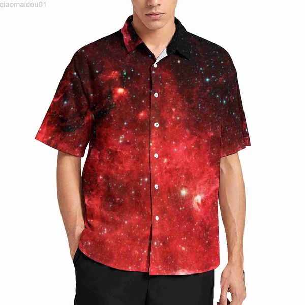 Camisas casuais masculinas Red Galaxy Sky Vacation Shirt América do Norte Nebulosa Hawaiian Camisas casuais Blusas da moda manga curta roupas personalizadas tamanho grande L230721